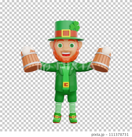 3D illustration of St. Patrick's Day character leprechaun holding two wooden mugs of beer 111378731