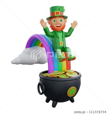 3D illustration of St. Patrick's Day character leprechaun leaping over a rainbow 3D illustration of St. Patrick's Day character leprechaun leaping over a rainbow 111378734