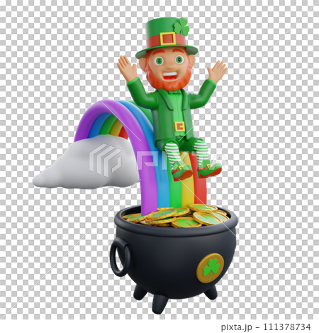 3D illustration of St. Patrick's Day character leprechaun leaping over a rainbow 3D illustration of St. Patrick's Day character leprechaun leaping over a rainbow 111378734
