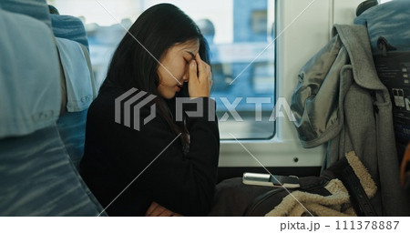 Train, tired and woman in city for travel, commute and journey on metro transportation in town. Passenger, railway and person with headache, frustrated and exhausted on trip in public transport 111378887