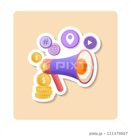 Advertising submission sticker illustration. Loudspeaker, coin, geo location, play. Editable vector graphic design. 111379007