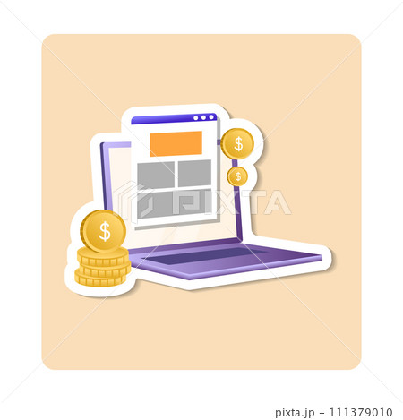 Paid articles sticker illustration. Laptop, coin, page, screen. Editable vector graphic design. 111379010