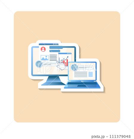 IT management sticker illustration. Monitor, gear, hand, chart, arrow. Editable vector graphic design. 111379048