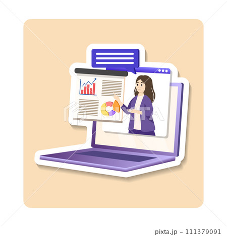 Online training sticker illustration. Flat design concept of online education, training and courses, learning, video tutorials. Vector sticker illustration for website banner, marketing material 111379091