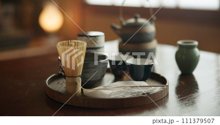 Tea cup, ceremony and Japanese tradition with matcha and green brew for healing and detox practise. Temae, pot and cut for an indigenous, nutrition and wellness hot drink in a home with healthy herbs Tea cup, ceremony and Japanese tradition with matcha and green brew for healing and detox practise. Temae, pot and cut for an indigenous, nutrition and wellness hot drink in a home with healthy herbs 111379507