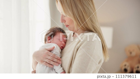 Family, love and mother with baby sleeping for bonding, relationship and child development at home. Newborn, motherhood and mom carrying infant for care, support and dreaming in nursery room Family, love and mother with baby sleeping for bonding, relationship and child development at home. Newborn, motherhood and mom carrying infant for care, support and dreaming in nursery room 111379611