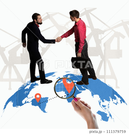 Man standing on world glove with location pin and shaking hands. Successful client relations. Creative modern design. 111379759