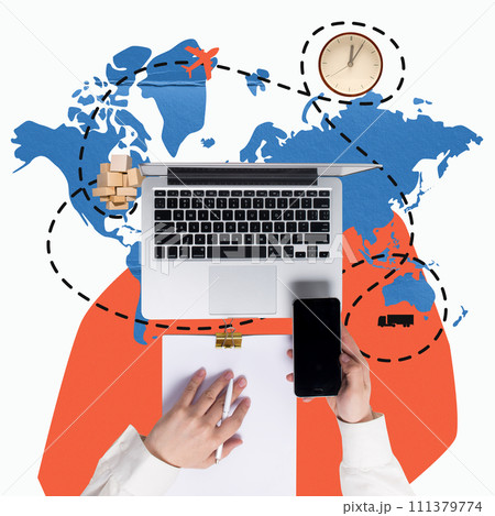 Man working on laptop and phone over world map with navigation routes. Accurate delivery and time management. Creative modern design. Man working on laptop and phone over world map with navigation routes. Accurate delivery and time management. Creative modern design. 111379774