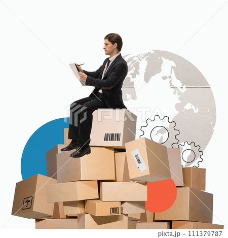 Man sitting on cardboard boxes and making notes over world map background. Global distribution. Creative modern design. 111379787
