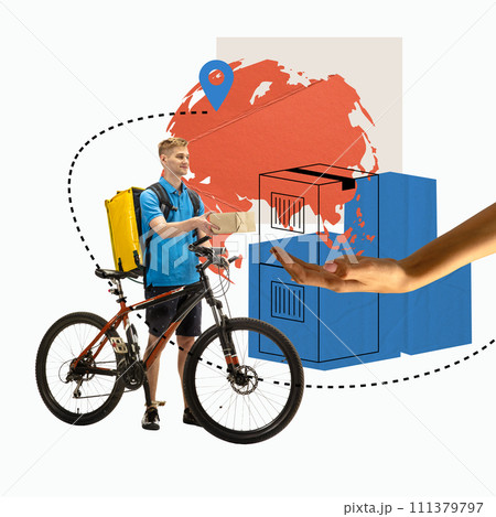 Courier man on bicycle delivering box over location pin and map background. Fast and accurate services. Creative modern design. 111379797