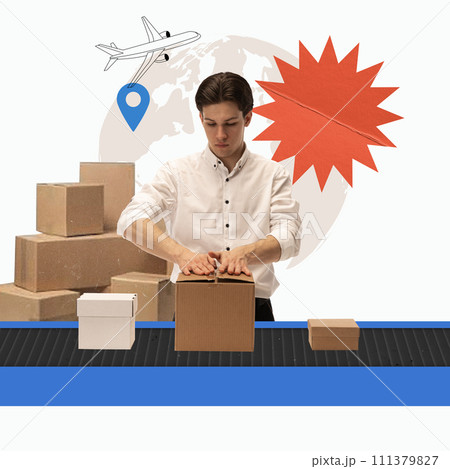 Man sealing cardboard box on conveyor belt with airplane and location icon on background. Global shipping and handling procedures. Creative modern design. 111379827