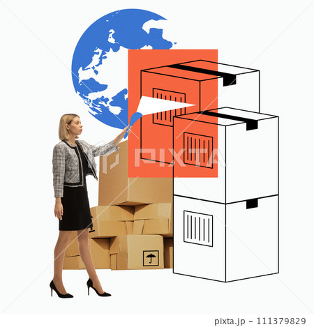 Woman scanning barcode on boxes with world map in background. Digitalization on global shipping. Creative modern design. 111379829