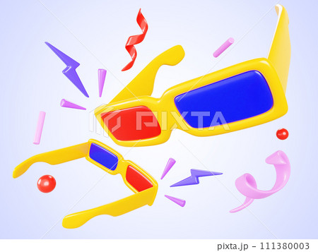 Cinema background with 3d glasses, confetti with flying ribbon, sphere and lightning flash icons render. Cartoon ad banner for online movie watching and entertainment, film industry. 3D illustration Cinema background with 3d glasses, confetti with flying ribbon, sphere and lightning flash icons render. Cartoon ad banner for online movie watching and entertainment, film industry. 3D illustration 111380003