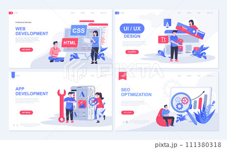 Web development concept for landing page in flat design. App creating with UI UX designing, html programming, SEO optimization settings. Vector illustration with people characters for homepage Web development concept for landing page in flat design. App creating with UI UX designing, html programming, SEO optimization settings. Vector illustration with people characters for homepage 111380318