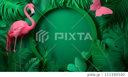 AI-generated content. Summer tropical exotic frame with green tropical leaves, pink flamingo and pink butterfly and some green tropical elements. Generative AI 111380580