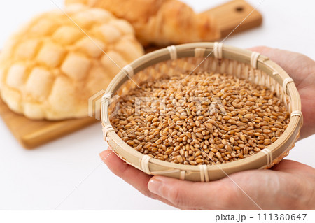 小麦を持つ女性の手とパン 111380647