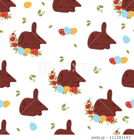 Easter Seamless pattern with chocolate bilby. Cute Australian animal with paschal egg on white background. Vector festive illustration for design, wallpaper, packaging, textile. 111381193