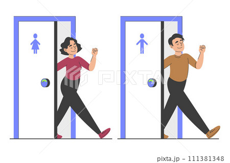 Happy person walking out of public WC Happy person walking out of public WC 111381348