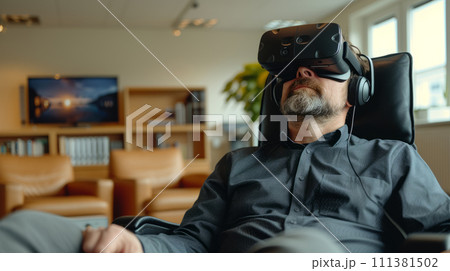 AI-generated content. Middle-aged man in a relaxed pose wearing virtual reality glasses rests while sitting in an office chair. 111381502