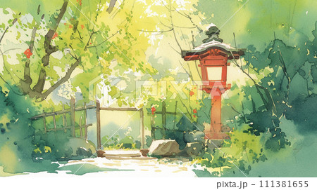 赤い灯籠と緑の水彩の風景　AI画像 111381655