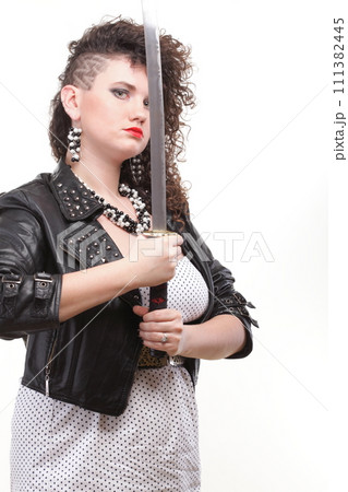 piercing woman curly girl and sword 111382445