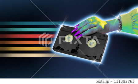 Poster. Contemporary art collage. Female hand holds vintage video cassette against gradient background with colorful lines. Trendy Y2K style and retro futurism. Poster. Contemporary art collage. Female hand holds vintage video cassette against gradient background with colorful lines. Trendy Y2K style and retro futurism. 111382763