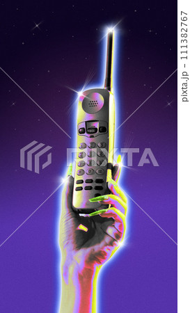 Poster. Modern aesthetic artwork. Female hand with long nails holds shiny vintage cell phone against cosmic background. Trendy Y2K style and retro futurism. Poster. Modern aesthetic artwork. Female hand with long nails holds shiny vintage cell phone against cosmic background. Trendy Y2K style and retro futurism. 111382767