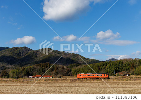 青空の下を走るタラコ色のローカル線（キハ40系首都圏色） 111383106
