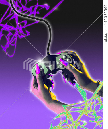 Poster. Modern aesthetic artwork. Female hands holds vintage gamepad against gradient background. Trendy Y2K style and retro futurism. 111383396