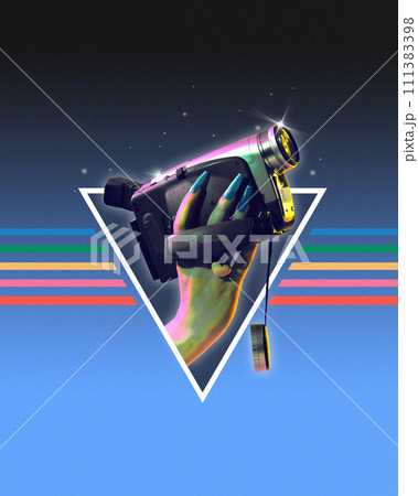 Poster. Seen and captured. Contemporary art collage. Hand in triangle holds vintage video camera. Trendy Y2K style and retro futurism. 111383398