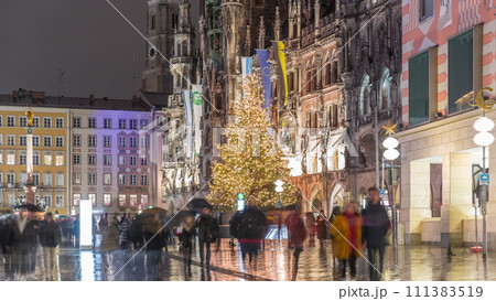 Marienplazt Old Town Square with New Town Hall night timelapse. Bavaria, Germany 111383519