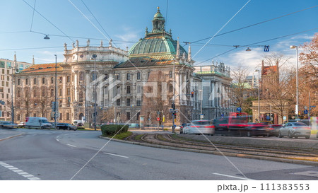 Exterior view of the Palace of Justice at the Karlsplatz timelapse in Munich, the capital of Bavaria, Germany. 111383553