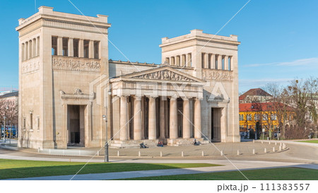 Propylaea or Propylaen timelapse from above. Monumental city gate in Konigsplatz, Munich, Germany, Europe. 111383557