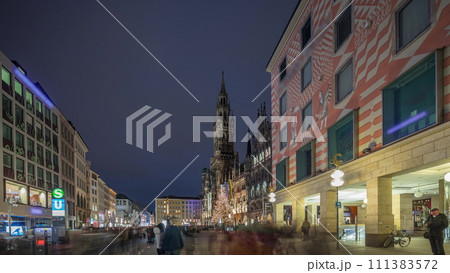 Marienplazt Old Town Square with New Town Hall night timelapse hyperlapse. Bavaria, Germany 111383572