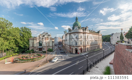 Panorama showing Theater Square with Main Post Office building aerial timelapse and Polish Theater Panorama showing Theater Square with Main Post Office building aerial timelapse and Polish Theater 111383591
