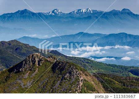 八ヶ岳連峰・硫黄岳稜線から見る東天狗岳と妙高・火打連峰 111383667