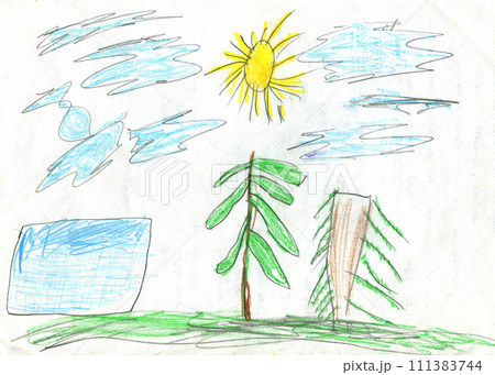 Cheerful children's hand drawn drawing. Happy Cartoon Doodle. 111383744