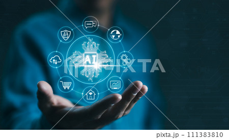 Businessman holding chip CPU working of AI and artificial intelligence automation. Computer connection with information intelligent technology. AI prompt generate, AI for business, AI tech concept. 111383810