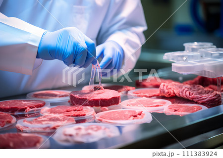 AI-generated content. Lab grown meat concept - scientist checks on meat 111383924