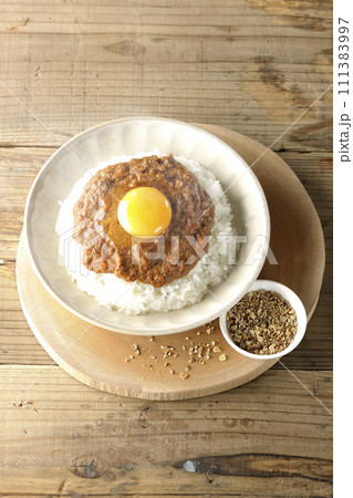 卵黄乗せ熱々キーマカレーと小皿にスパイス 111383997