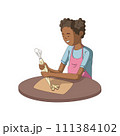 A dark-skinned girl puts icing on a cookie. Young cheerful black woman preparing dessert. Cartoon vector illustration in flat style. 111384102
