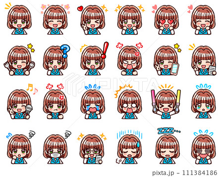 制服姿のボブヘアOL女性のちびキャライラストセット 制服姿のボブヘアOL女性のちびキャライラストセット 111384186