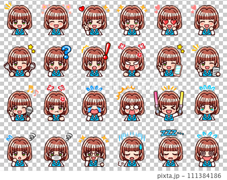 制服姿のボブヘアOL女性のちびキャライラストセット 制服姿のボブヘアOL女性のちびキャライラストセット 111384186