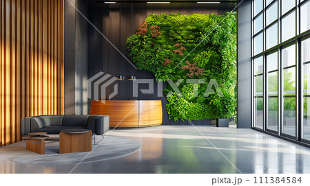 庭の壁と人間工学に基づいた椅子を備えたモダンなオフィススペース。大きな植物の壁を備えた仕事環境。 111384584