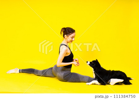 Beautiful sport female with border collie in studio 111384750