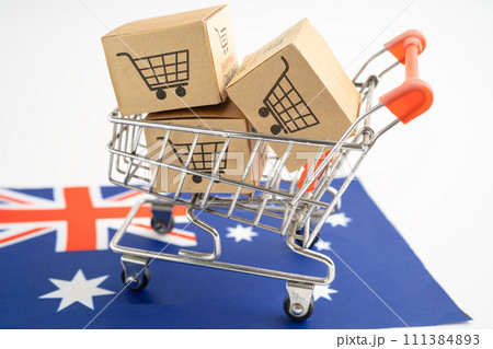 Box with shopping online cart logo and Australia flag, Import Export Shopping online or commerce finance delivery service store product shipping, trade, supplier. Box with shopping online cart logo and Australia flag, Import Export Shopping online or commerce finance delivery service store product shipping, trade, supplier. 111384893