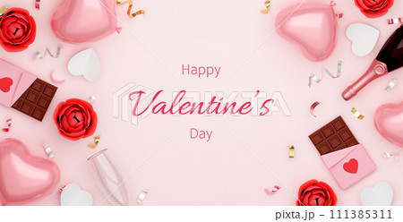 Happy Valentines day Mother's Day background with text copy space with realistic heart balloon, champagne and rose gold confetti. Top view. 3D rendering illustration 111385311