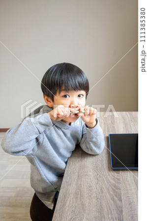 タブレットとタッチペンで勉強するカメラ目線の子ども 111385380