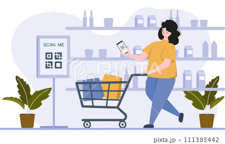 Cashless payment system. woman use mobile cashless payment system or scan qr code. Characters using digital banking service. vector illustration Cashless payment system. woman use mobile cashless payment system or scan qr code. Characters using digital banking service. vector illustration 111385442