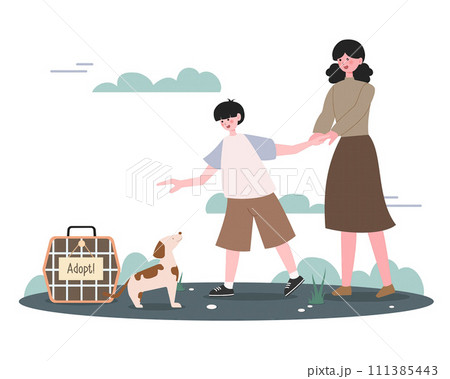 Happy mother and son caress dog adopt animal from shelter. Smiling mom and child take pet from animal center for homeless dogs. Puppy adoption. Vector illustration Happy mother and son caress dog adopt animal from shelter. Smiling mom and child take pet from animal center for homeless dogs. Puppy adoption. Vector illustration 111385443